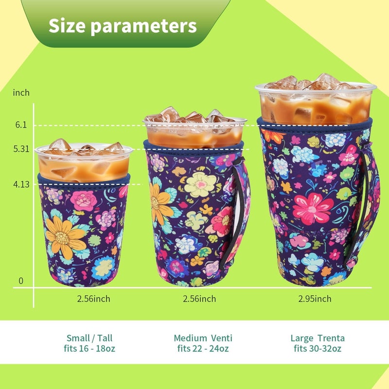 Snowso 3 Pack Iced Coffee sleeve Insulated Neoprene Cup Sleeves with handle For Cold Drinks Beverages, Reusable Cup Holder for 16oz-32oz Coffee Cups (Abstract Flowers) - Image 2